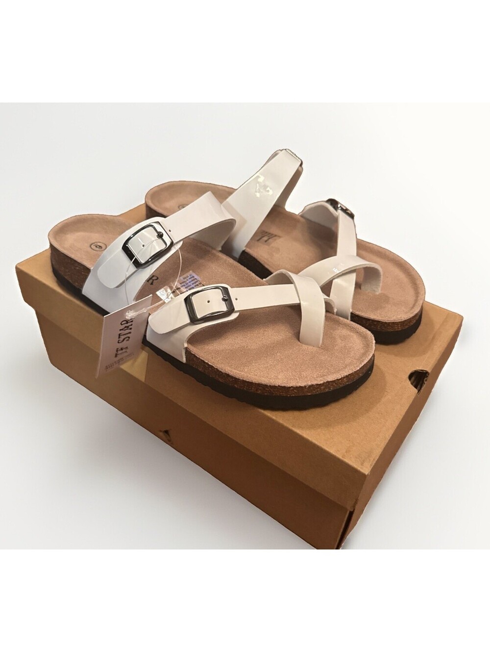 NIB TF STAR Sandals White Leather Cork Footbed Adjustable Straps Sz 6